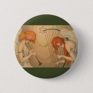 Vintage Music Victorian Angel Musicians Flute Harp 2 Inch Round Button