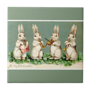 Vintage Musical Easter Bunnies Green Tile