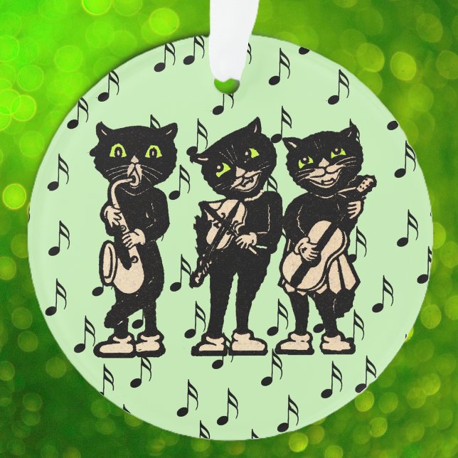 Vintage Musician Black Cats Music Notes Ornament (Three black cat musicians playing their instruments black music notes on green ceramic ornament.)