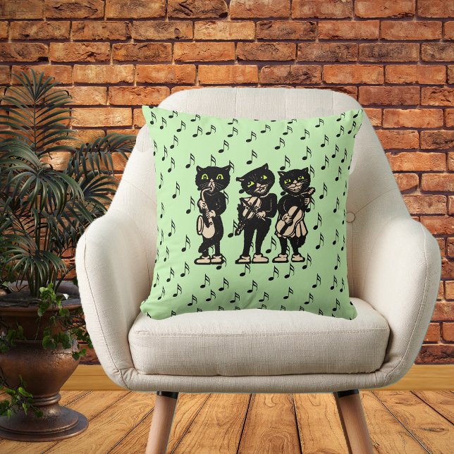 Vintage Musician Black Cats Music Notes Throw Pillow (Three black cat musicians playing musical instruments on black music notes green decorative pillow.)