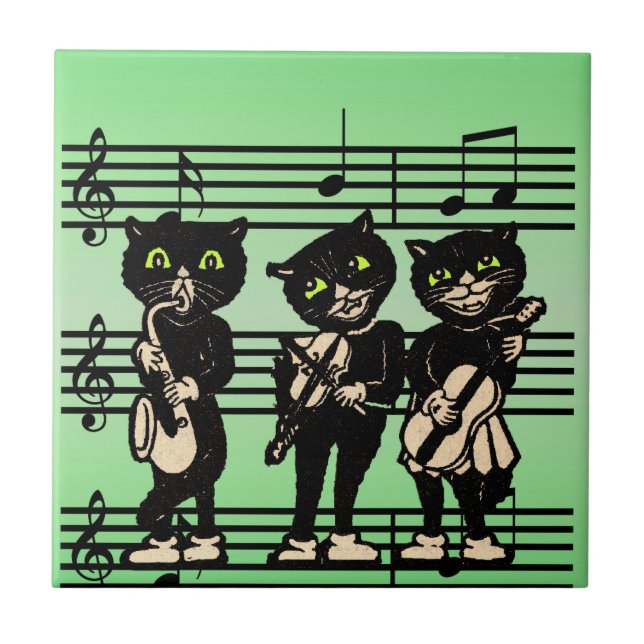 Vintage Musician Black Cats Music Notes Tile (Front)