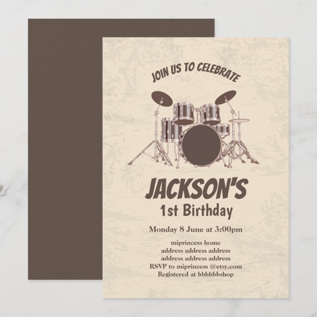 vintage, musique, batterie, invitation d'anniversa (Devant / Derrière)