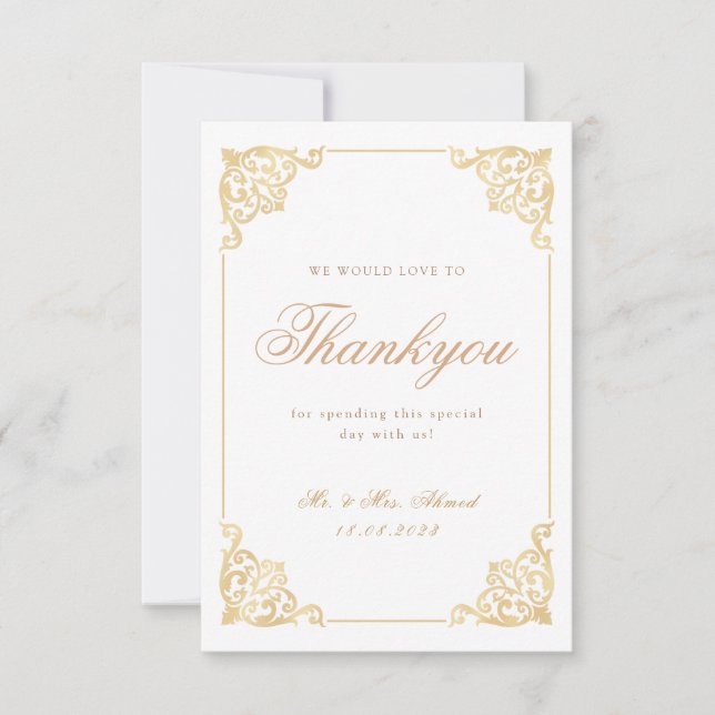 Vintage Muslim White Gold Wedding Thank You Card (Front)