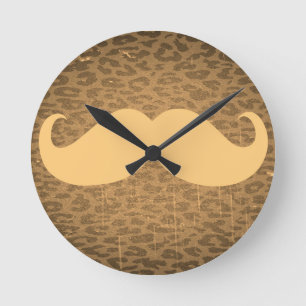 Vintage Mustache on Leopard Round Clock