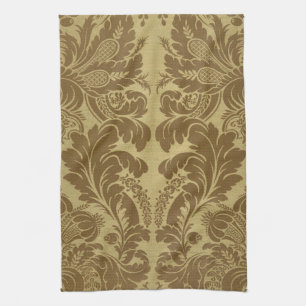 Vintage Mustard Gold Floral Brocade Damask Kitchen Towel