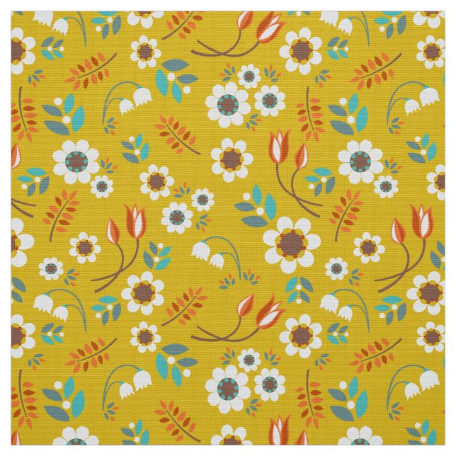 Vintage Mustard Yellow Floral Flowers Pattern Fabric (Swatch)