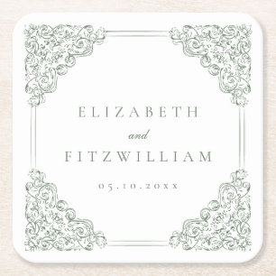 Vintage Muted Green Ornate Frame Wedding Square Paper Coaster
