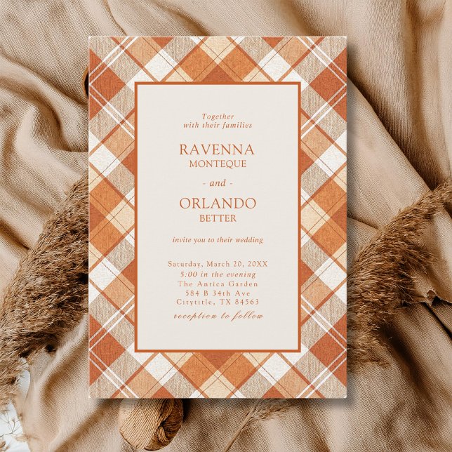 Vintage Muted Orange Plaid Gingham Wedding Invitation (Creator Uploaded)