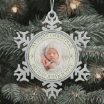 Vintage My First Christmas Baby Photo Antique Look Snowflake Pewter Christmas Ornament<br><div class="desc">Celebrate a simple joys of the holiday season with a custom photo round metal snowflake Christmas ornament. Gender neutral design is suitable for either a new baby boy or girl. Wording and picture on this template are simple to personalize. "My First Christmas" quote is easy to change in case the...</div>