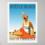Vintage Myrtle Beach Poster<br><div class="desc">A retro poster that never was until now. A creative redo of an old poster that should have been. Myrtle beach in retro style from the art deco era. Bright colours with a woman on the beach under a blue sky.</div>