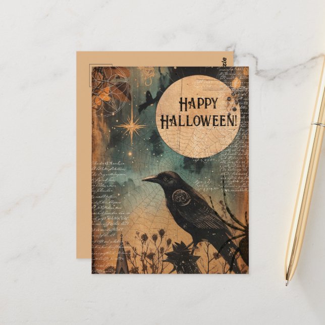 Vintage Mystic Raven Moon Happy Halloween Postcard (Front/Back In Situ)