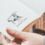 Vintage Mythical Book Ex Libris Name Bookplate Rubber Stamp<br><div class="desc">A vintage-style illustration of a wolf carrying a sword. Below, "ex libris" is printed in classic serif typography with your name underneath in italics. A mythical, medieval & fantasy-inspired book stamp that can be personalized with your name. This is the wooden rubber stamp - choose the handle and ink pad...</div>