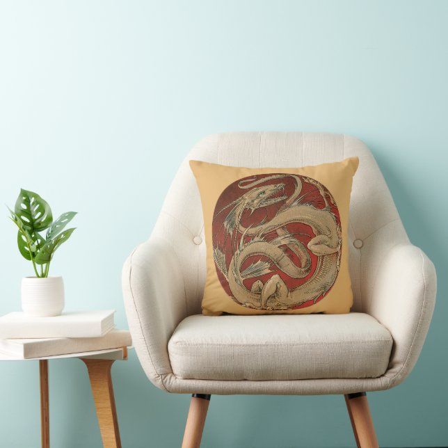Vintage Mythology, Antique Golden Asian Dragon Throw Pillow (Chair)
