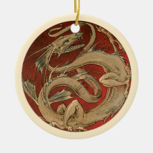 Vintage Mythology, Golden Asian Dragon Ceramic Ornament