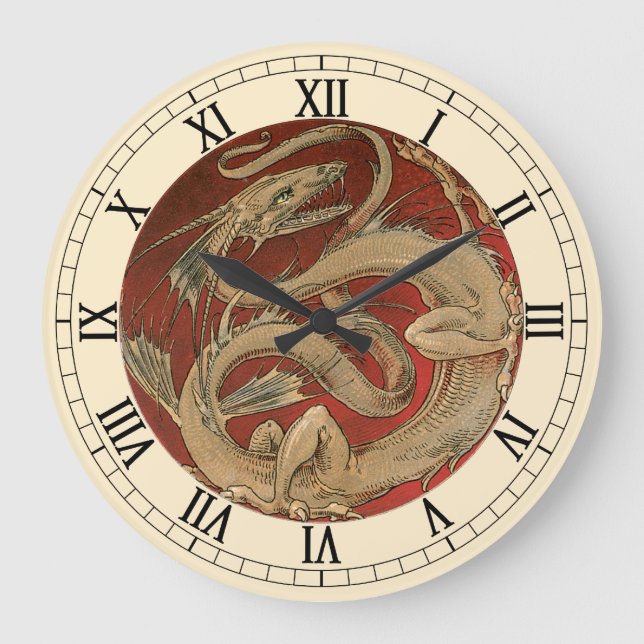 Vintage Mythology, Golden Asian Dragon Large Clock (Front)