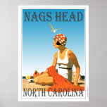 Vintage Nags Head North Carolina Beach Poster<br><div class="desc">A retro poster that never was until now. A creative redo of an old poster that should have been. Nags Head beach in retro style from the art deco era. Bright colors with a woman on the beach under a blue sky.</div>