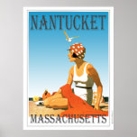 Vintage Nantucket on The Beach Poster<br><div class="desc">A retro poster that never was until now. A creative redo of an old poster that should have been. Nantucket Beach in retro style from the art deco era. Bright colours with a woman on the beach under a blue sky.</div>
