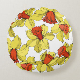 vintage Narcissus floral botanical flower Yellow a Round Pillow