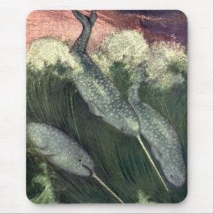 Vintage Narwhals Whales, Marine Life Ocean Animals Mouse Pad