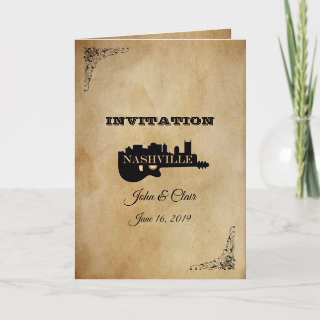 Vintage Nashville Guitar Faire-part de mariage pli (Devant)