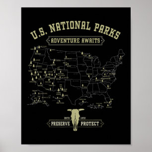 Vintage National Parks Map - American Hiking Campi Poster