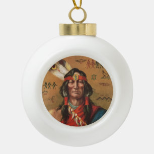 Vintage Native American Chief Portrait Art Ceramic Ball Christmas Ornament