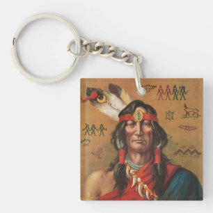 Vintage Native American Chief Portrait Art Keychain