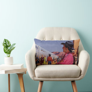 Vintage Native American Indian at a Train Station Lumbar Pillow