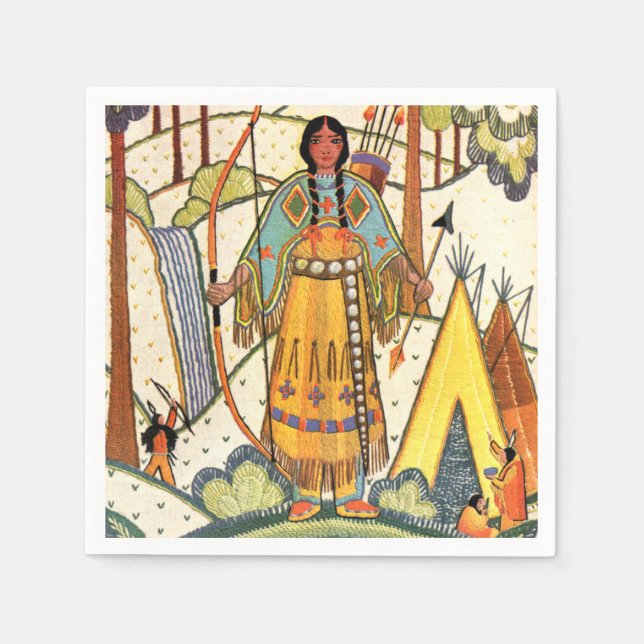 Vintage Native American Woman Village Forest Napkin (Front)