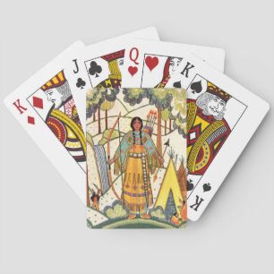 Vintage Native American Woman Village Forest Playing Cards