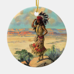 Vintage Native American Woman With Headdress Art Ceramic Ornament