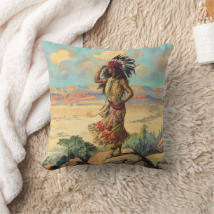 Vintage Native American Woman With Headdress Art Throw Pillow