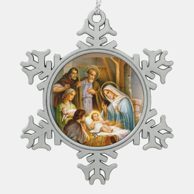 Vintage nativity Xmas Snowflake Pewter Christmas Ornament (Front)