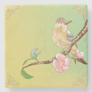 Vintage Naturalist Painting Garden Flowers & Birds Stone Coaster