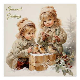 Vintage Nature Christmas Children with Birds  Poster