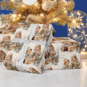 Vintage Nature Christmas Children with Birds Wrapping Paper