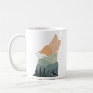 vintage nature design with silhouette of wolf coffee mug