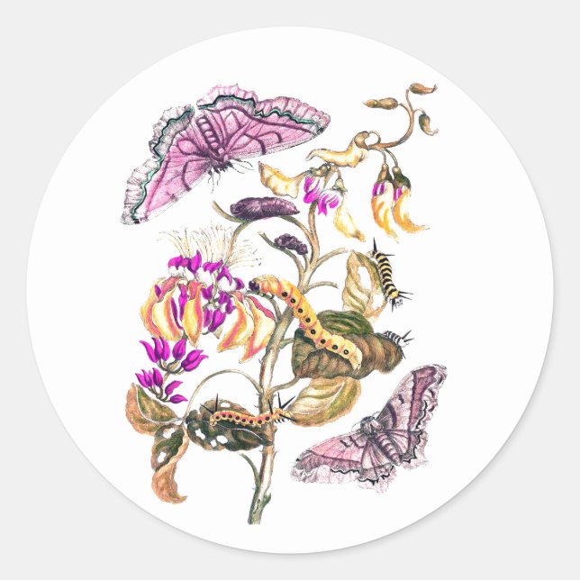 Vintage nature illustration flower butterfly classic round sticker (Front)