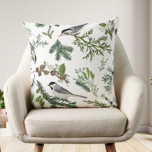 Vintage nature pattern with birds & winter plants  throw pillow