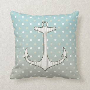 Vintage Nautical Anchor Blue Tan White Polka Dots Throw Pillow