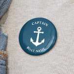 Vintage Nautical Anchor Captain Boat Name Blue 2 Inch Round Button<br><div class="desc">Blue Vintage Nautical Anchor and Your Personalized Boat Name and Customizable Captain Rank Button.</div>