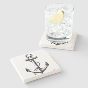 Vintage Nautical Anchor Illustration Stone Coaster