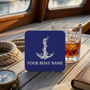 Vintage Nautical Anchor Rope Boat Name Square Paper Coaster