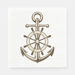 Vintage Nautical Anchor & Ship Wheel Brown Tan Napkin