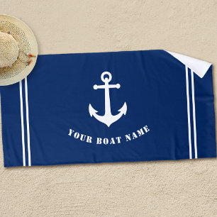Vintage Nautical Anchor with Boat Name Navy Blue Beach Towel