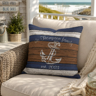 Vintage Nautical Boat Anchor On Woodgrain Pattern Outdoor Pillow