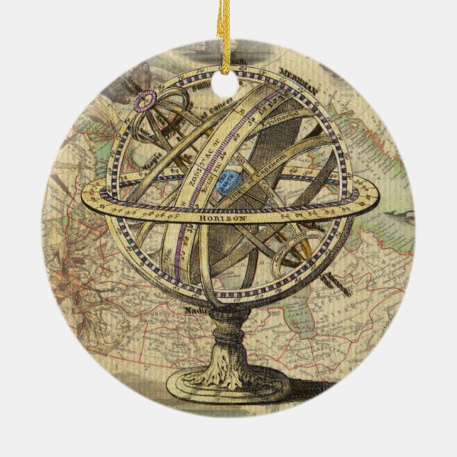 Vintage Nautical Compass and Map Ceramic Ornament (Back)