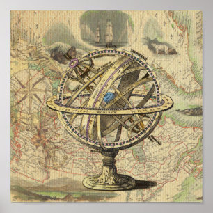 Vintage Nautical Compass and Map Poster