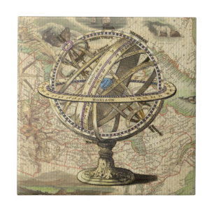 Vintage Nautical Compass and Map Tile