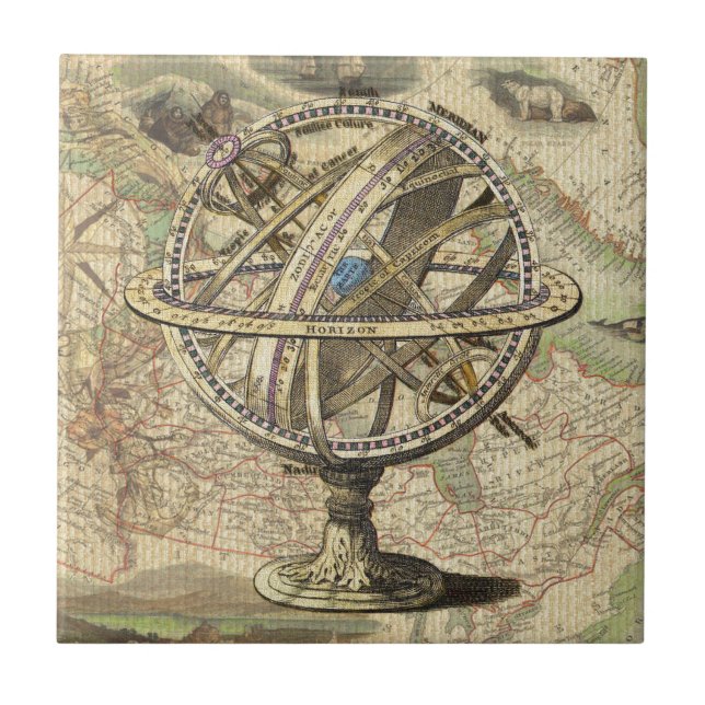 Vintage Nautical Compass and Map Tile (Front)